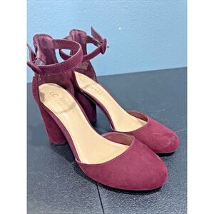 LC Lauren Conrad Burgundy Suede Ankle Strap Block Heel Pumps Women's‎ Size 6.5